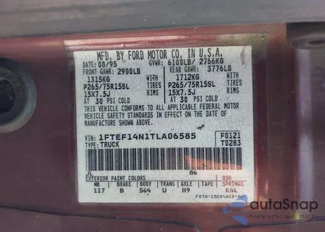 1996 Ford F150 from USA, damaged, VIN 1FTEF14N1TLA06585